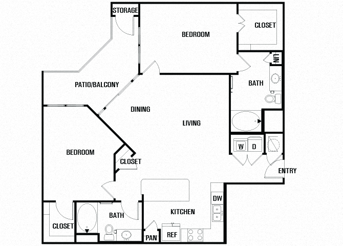 Floor plan for 2 beds, 2 baths, 1235 sqft