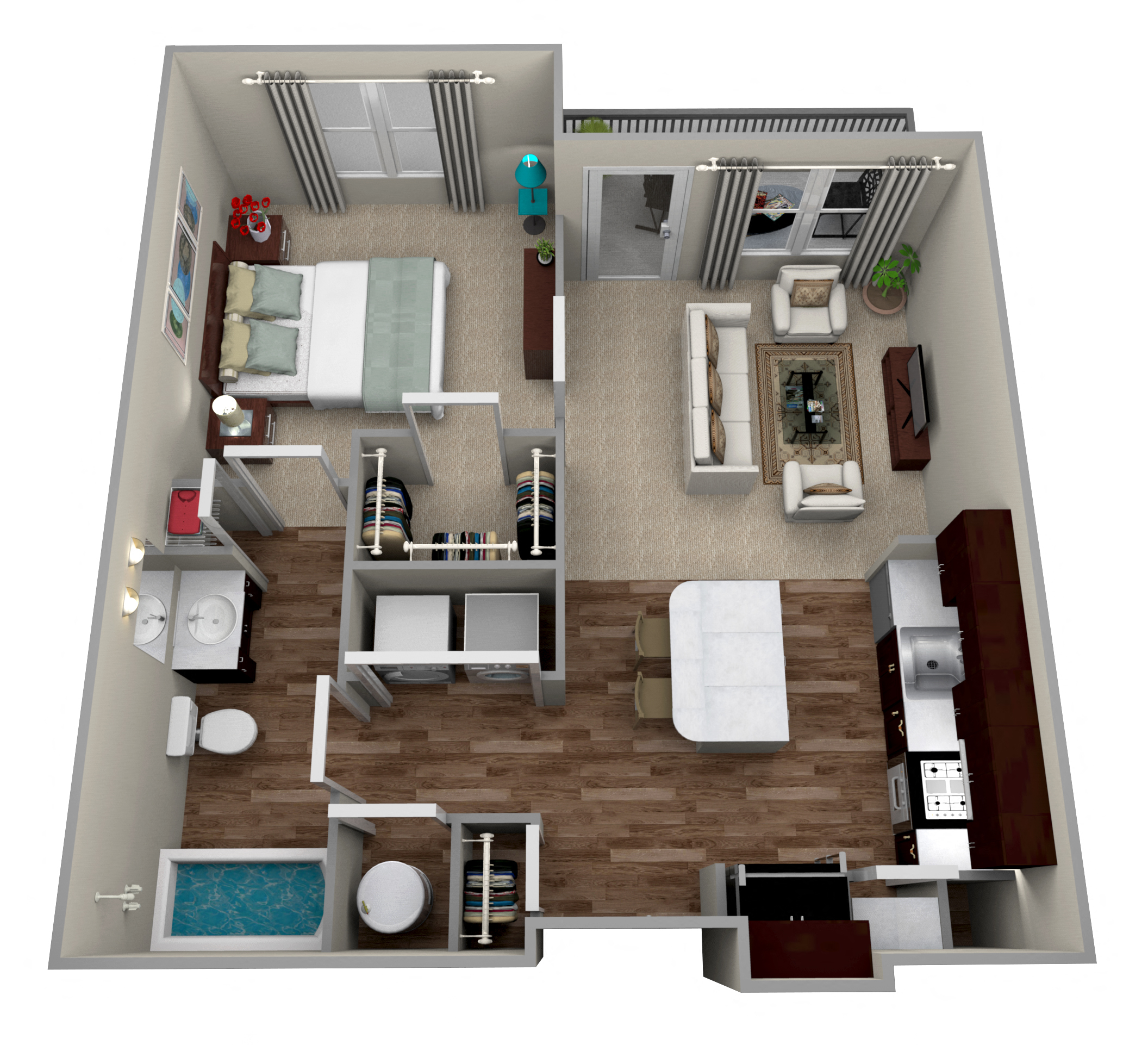Floor plan for 1 bed, 1 bath, 767 sqft