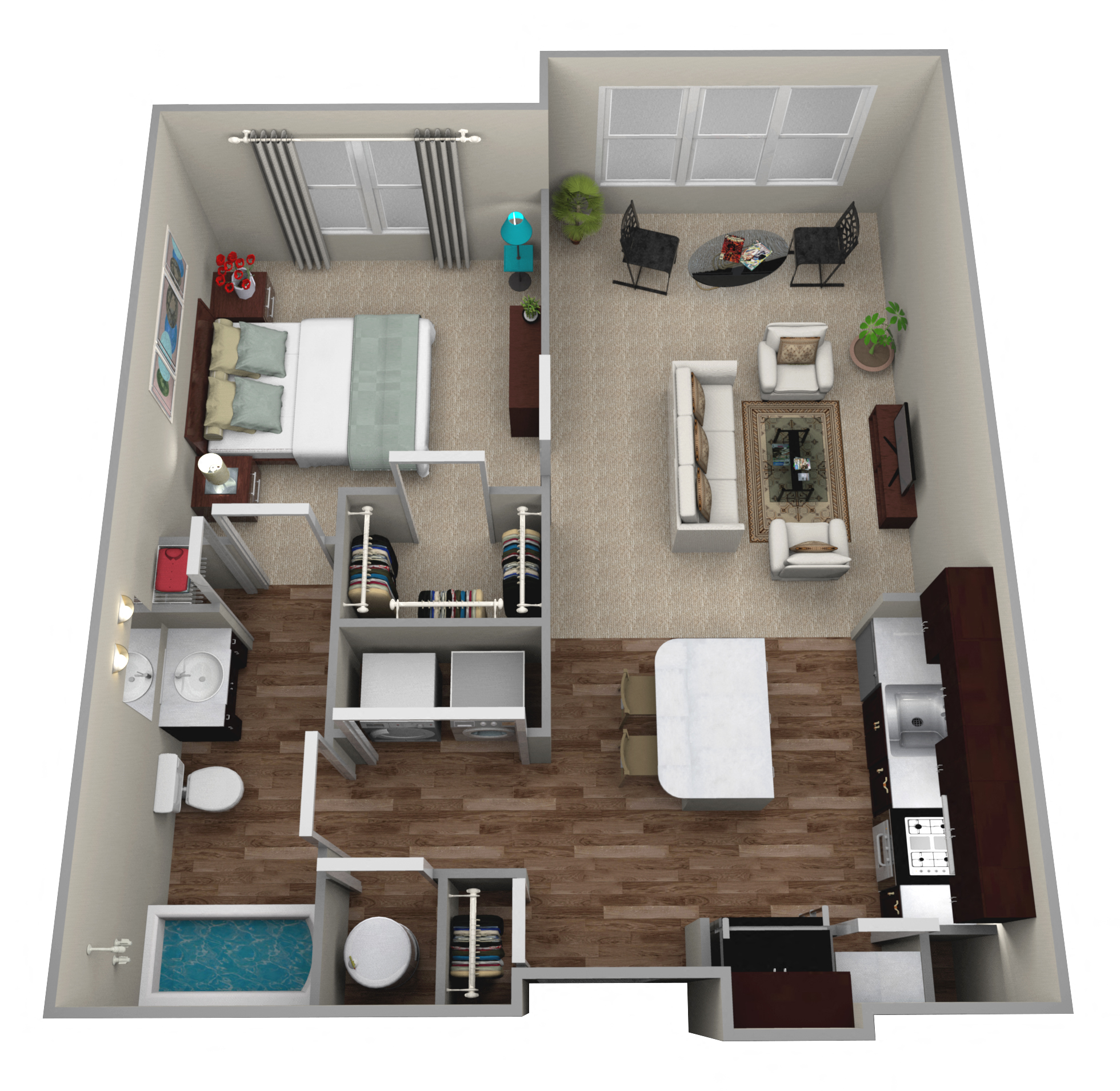 Floor plan for 1 bed, 1 bath, 767 sqft