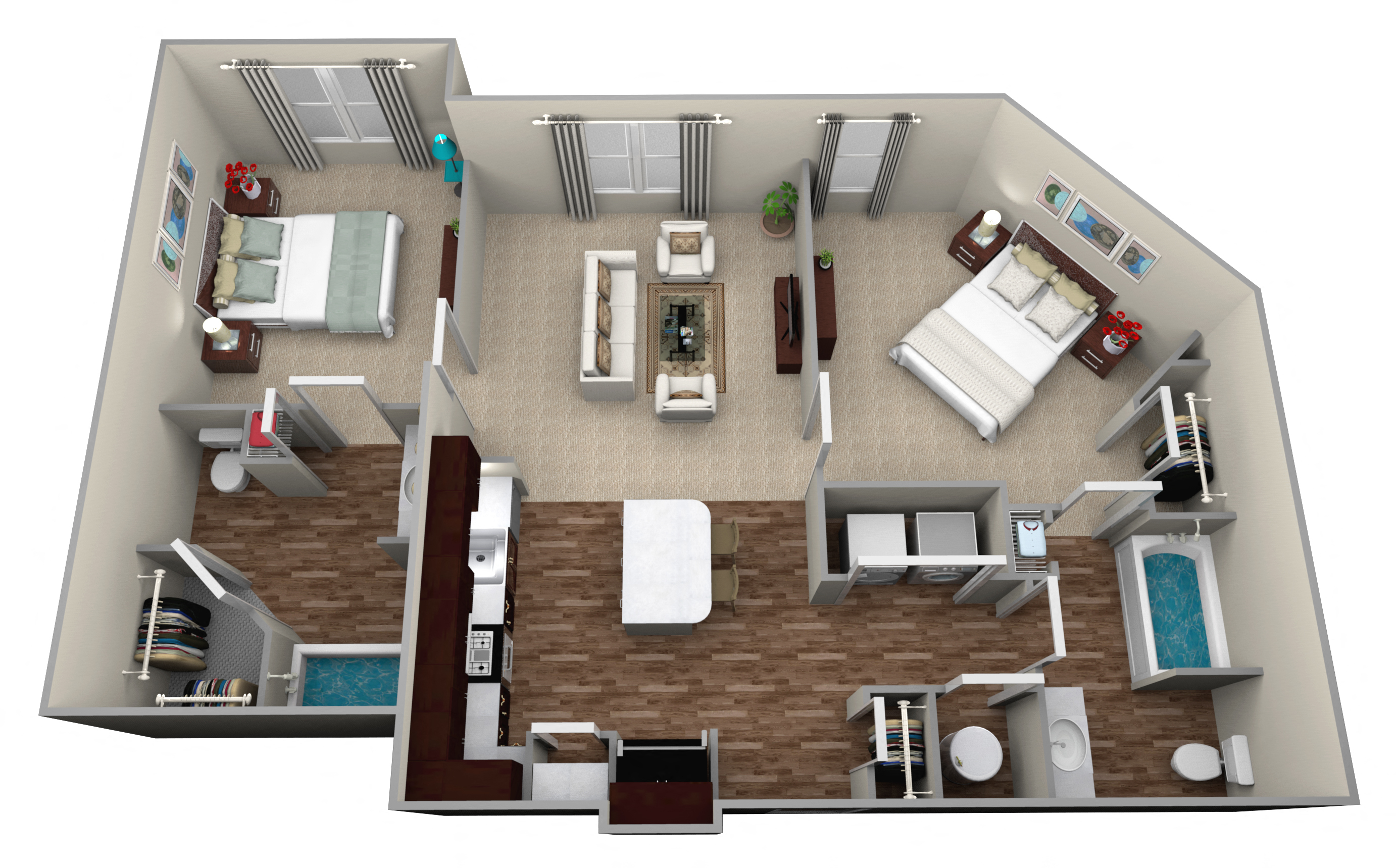 Floor plan for 2 beds, 2 baths, 1001 sqft