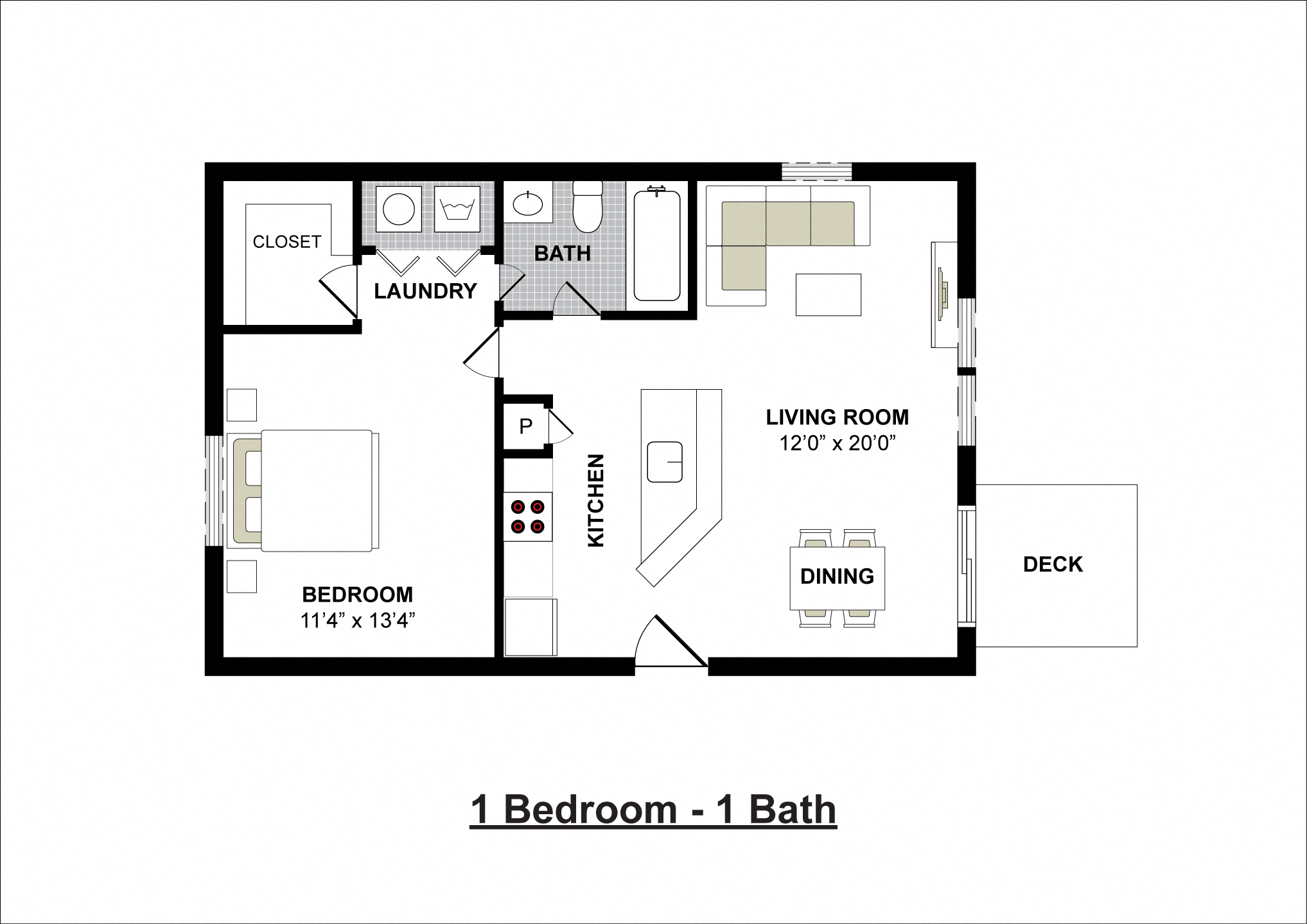 Floor plan for 1 bed, 1 bath, 686 sqft