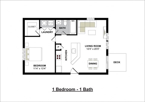 Floor plan for 1 bed, 1 bath, 662 sqft
