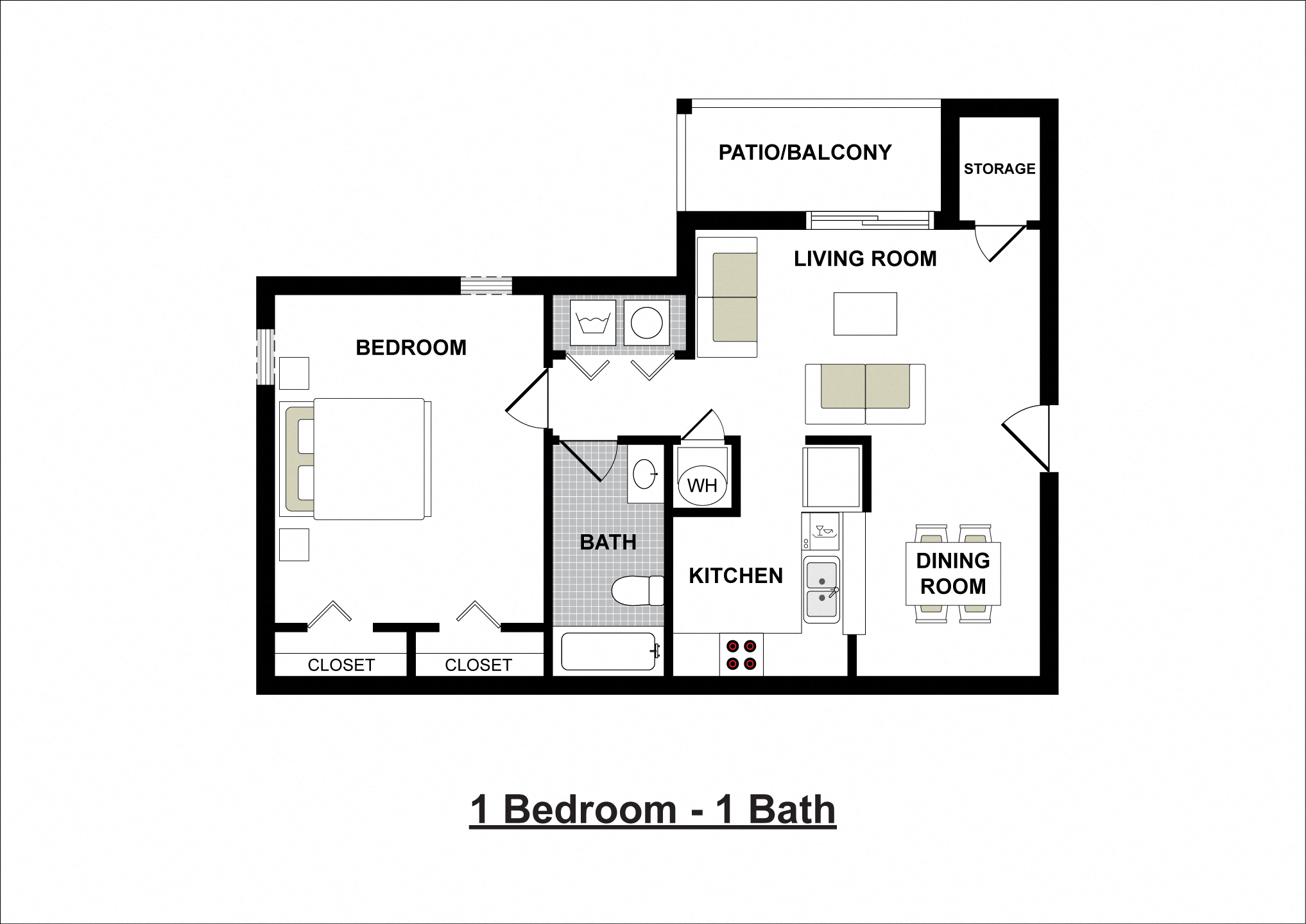 Floor plan for 1 bed, 1 bath, 693 sqft