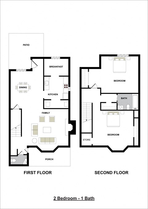 Floor plan for 2 beds, 1 bath, 1192 sqft