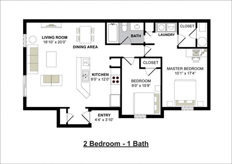 Floor plan for 2 beds, 1 bath, 868 sqft