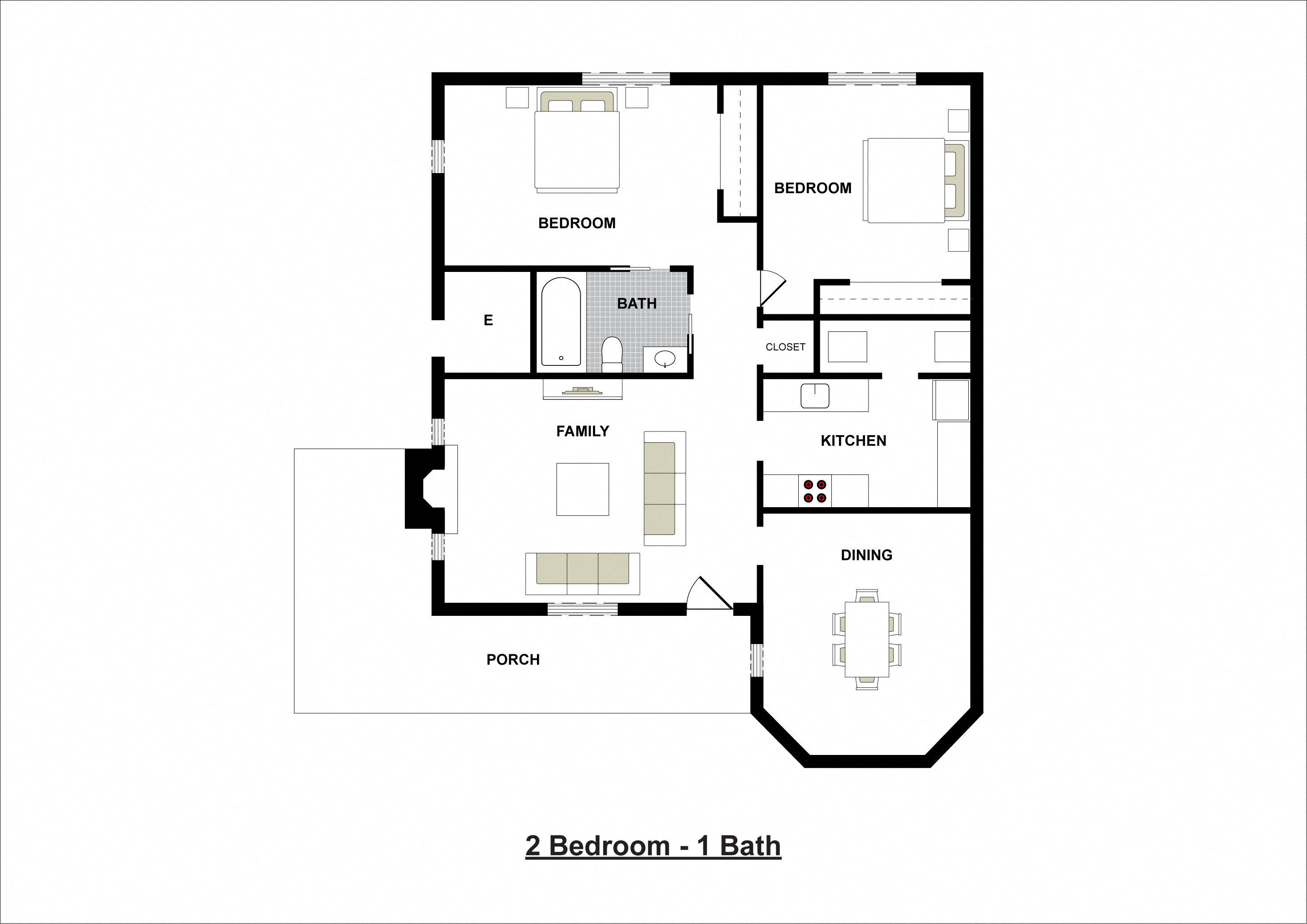 Floor plan for 2 beds, 1 bath, 993 sqft
