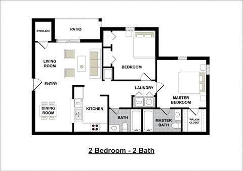 Floor plan for 2 beds, 2 baths, 928 sqft