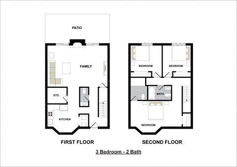Floor plan for 3 beds, 2 baths, 1304 sqft