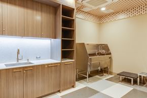 Oakland apartment for rent - a kitchen with a sink and a counter with a desk