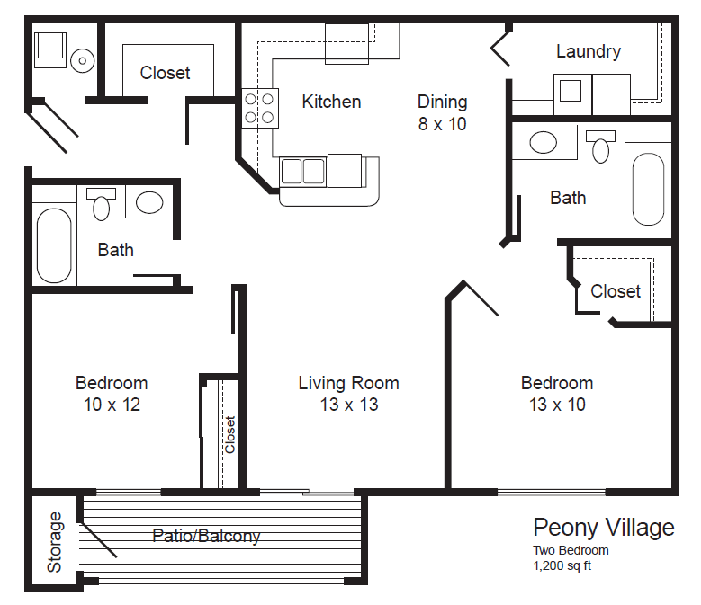 Floor plan for 2 beds, 2 baths, 1207 sqft