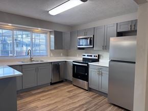 Omaha apartment for rent - A kitchen with stainless steel appliances and wooden floors.