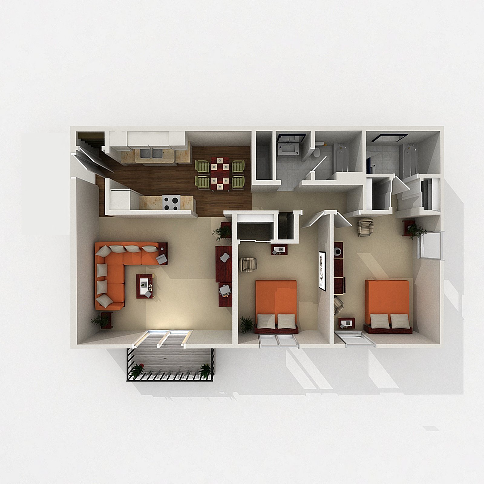 Floor plan for 2 beds, 1.5 baths, 1075 sqft