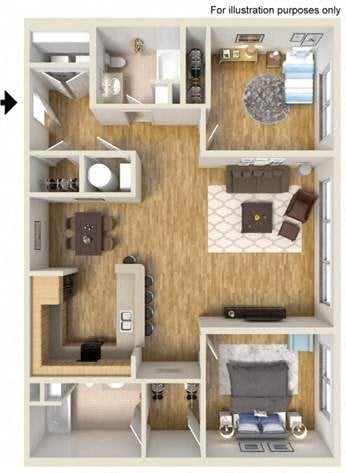Floor plan for 2 beds, 2 baths, 1156 sqft