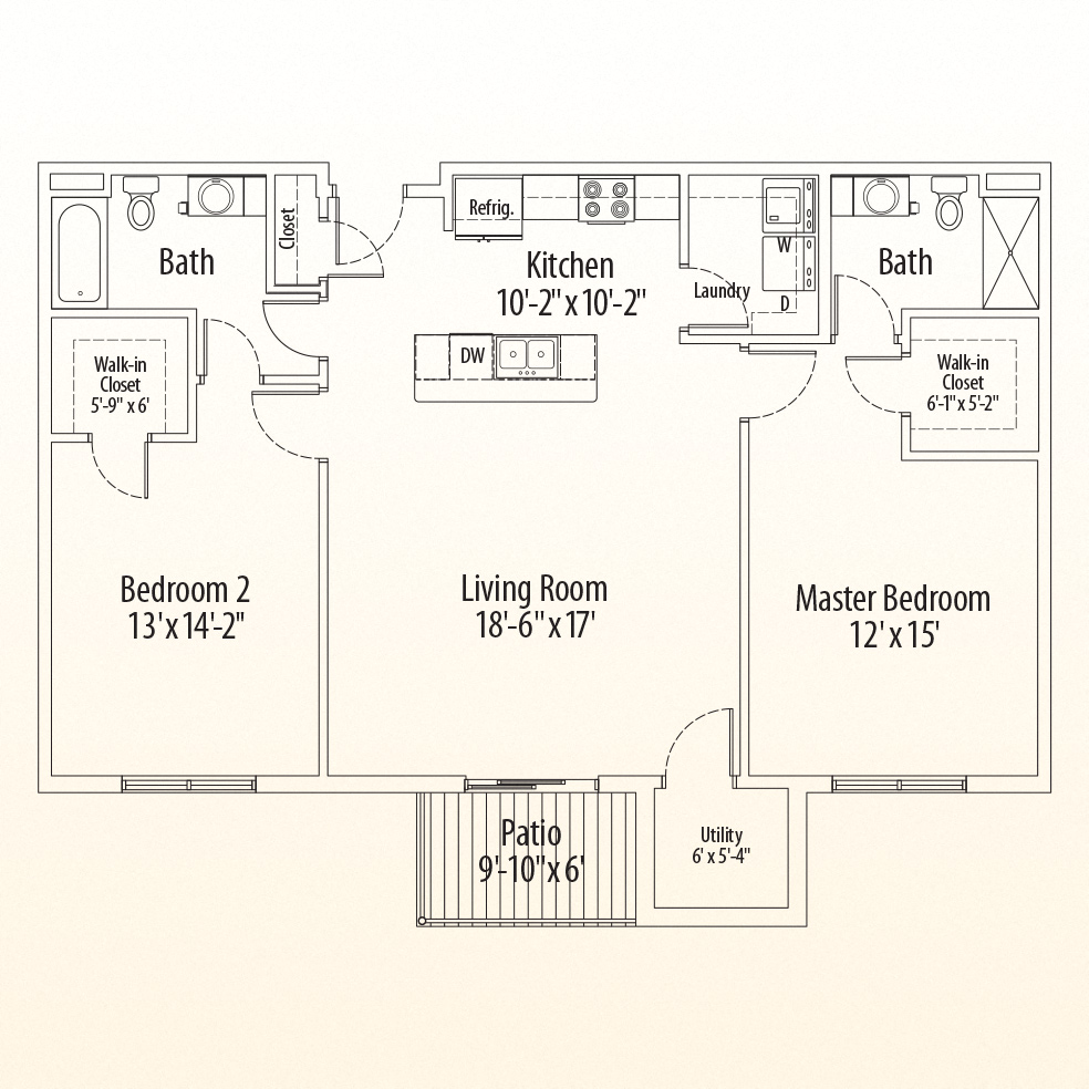 Floor plan for 2 beds, 2 baths, 1218 sqft