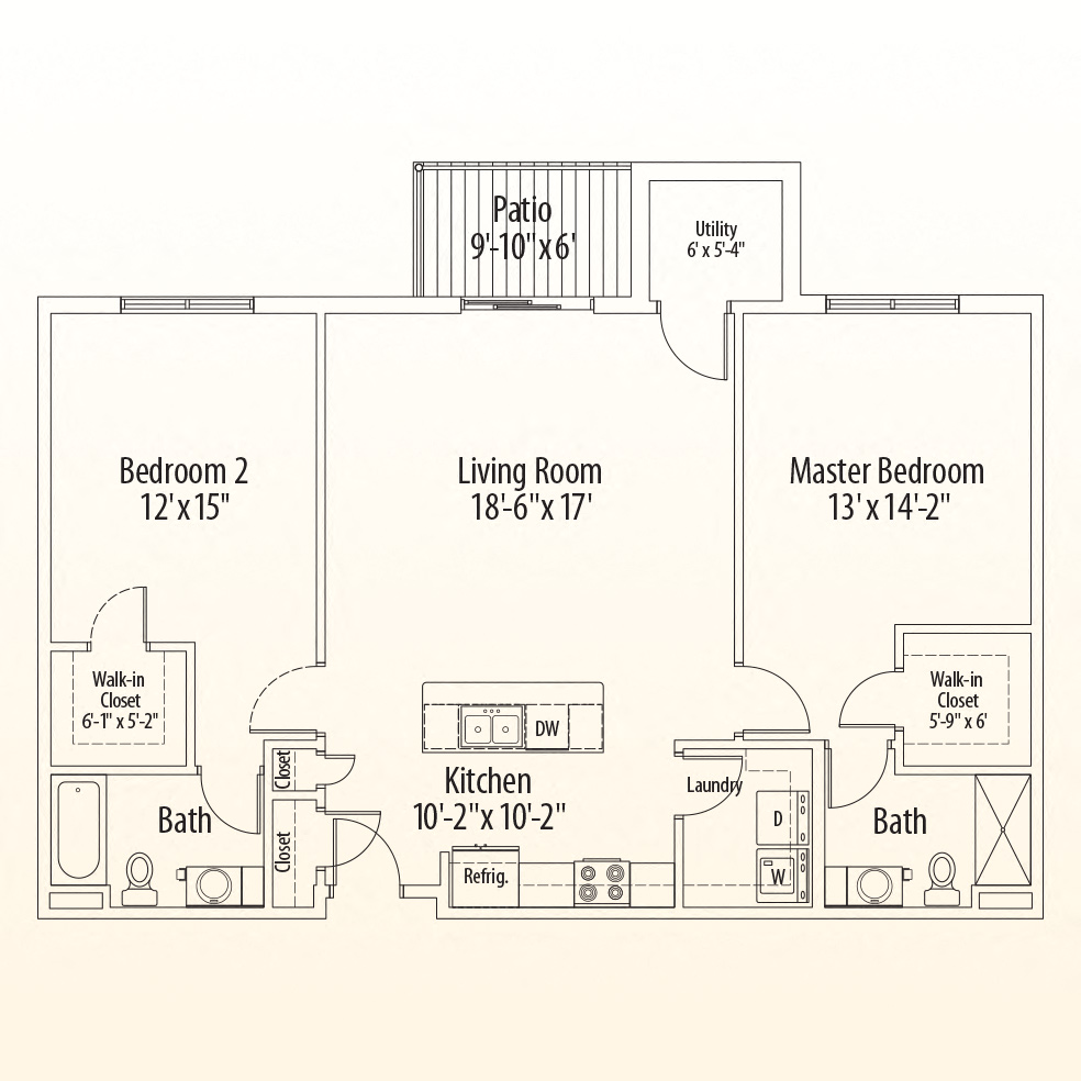 Floor plan for 2 beds, 2 baths, 1218 sqft