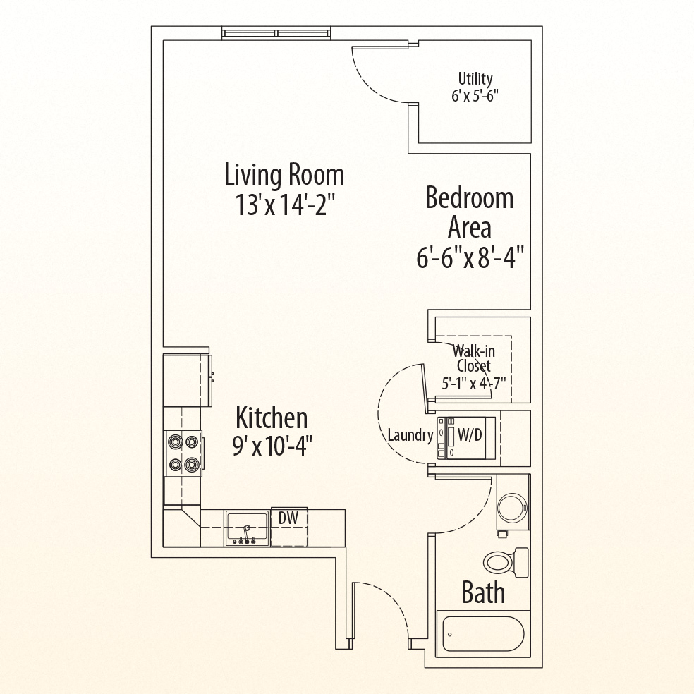 Floor plan for studio, 1 bath, 591 sqft