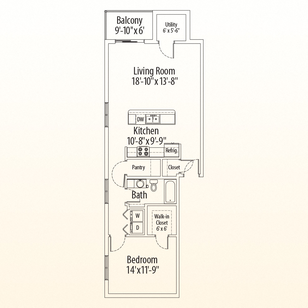 Floor plan for 1 bed, 1 bath, 853 sqft