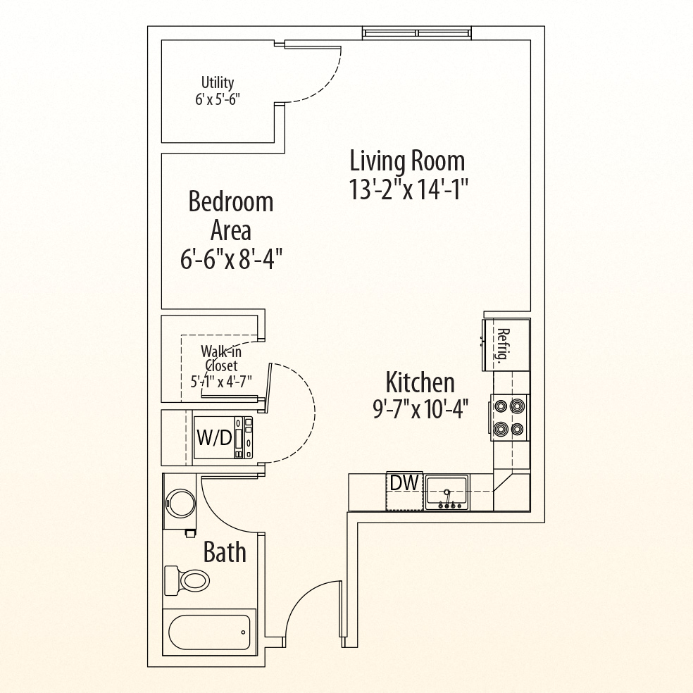 Floor plan for studio, 1 bath, 567 sqft