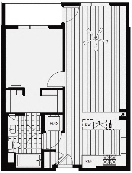 Floor plan for 1 bed, 1 bath, 754 sqft