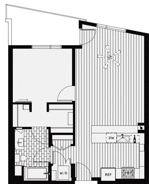Floor plan for 1 bed, 1 bath, 793 sqft