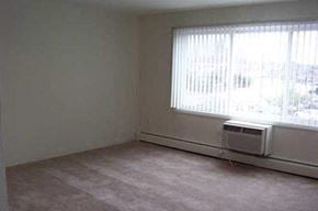 Riverside apartment for rent - an empty living room with a window and a heater