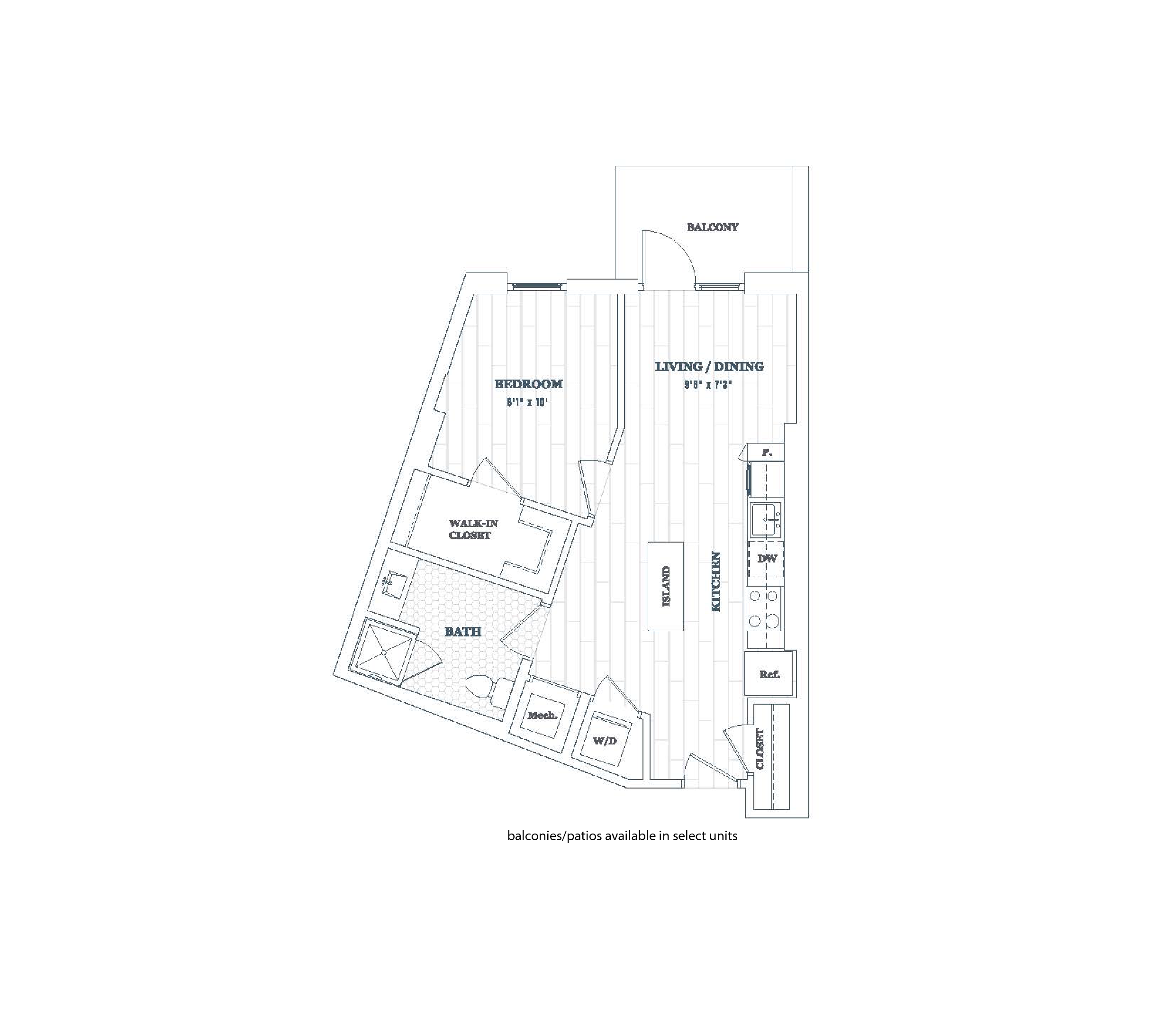 Floor plan for 1 bed, 1 bath, 615 sqft