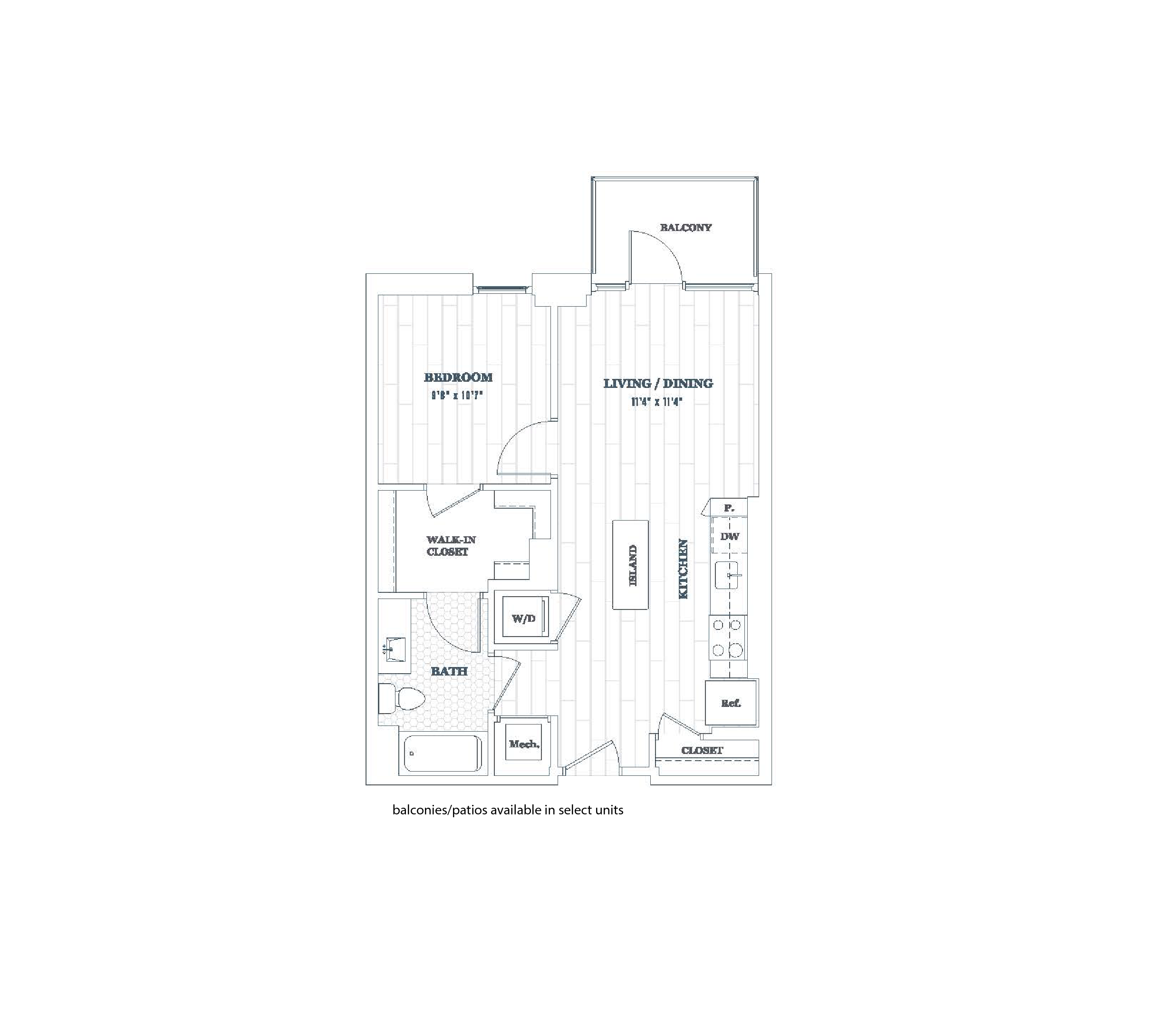 Floor plan for 1 bed, 1 bath, 616 sqft