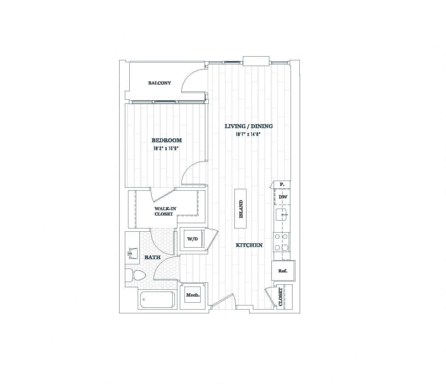 Floor plan for 1 bed, 1 bath, 653 sqft