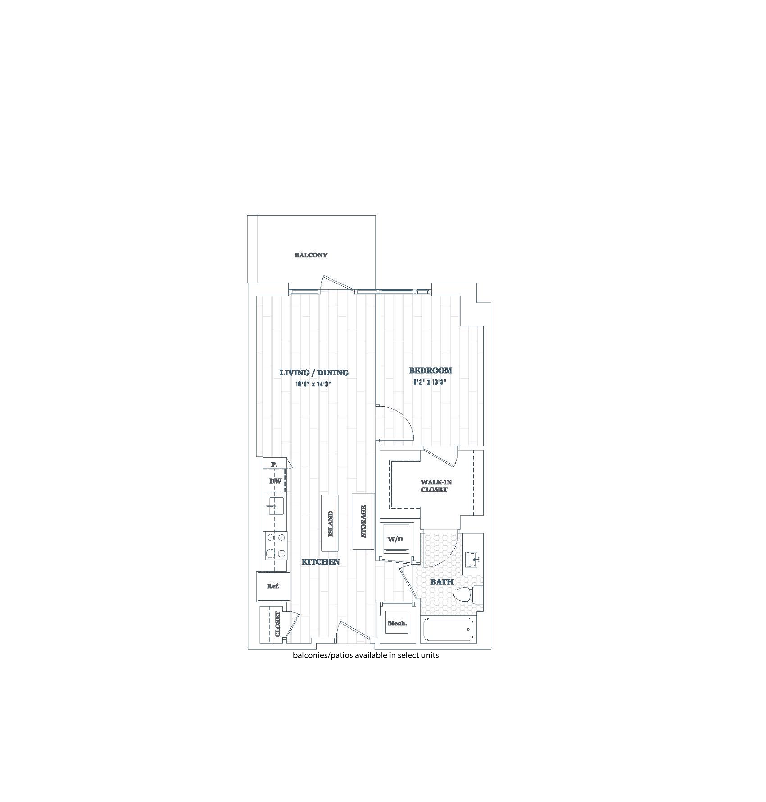 Floor plan for 1 bed, 1 bath, 661 sqft