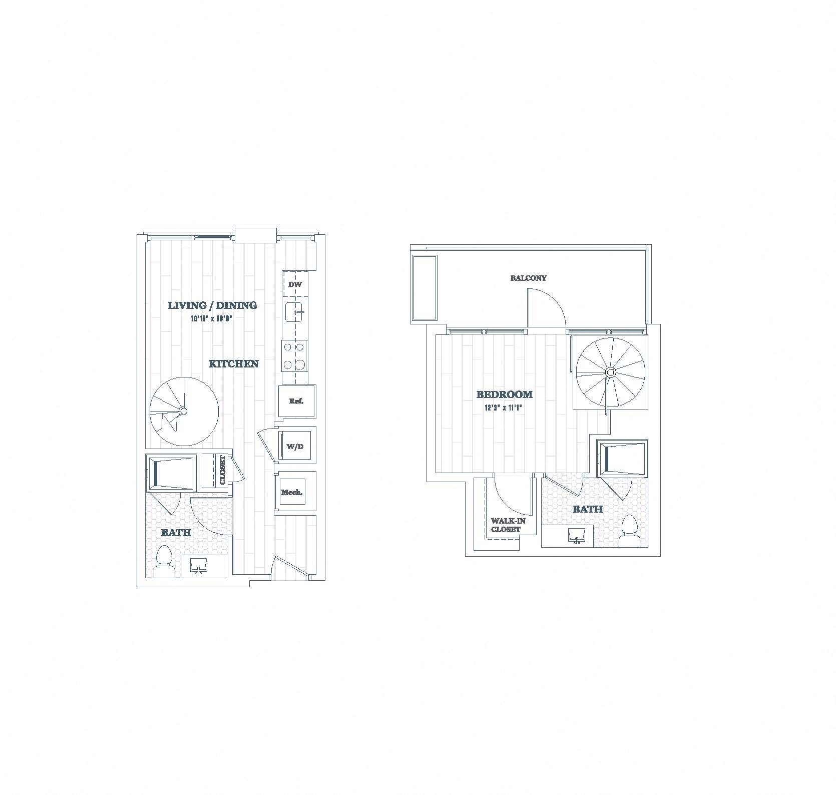 Floor plan for 1 bed, 2 baths, 682 sqft