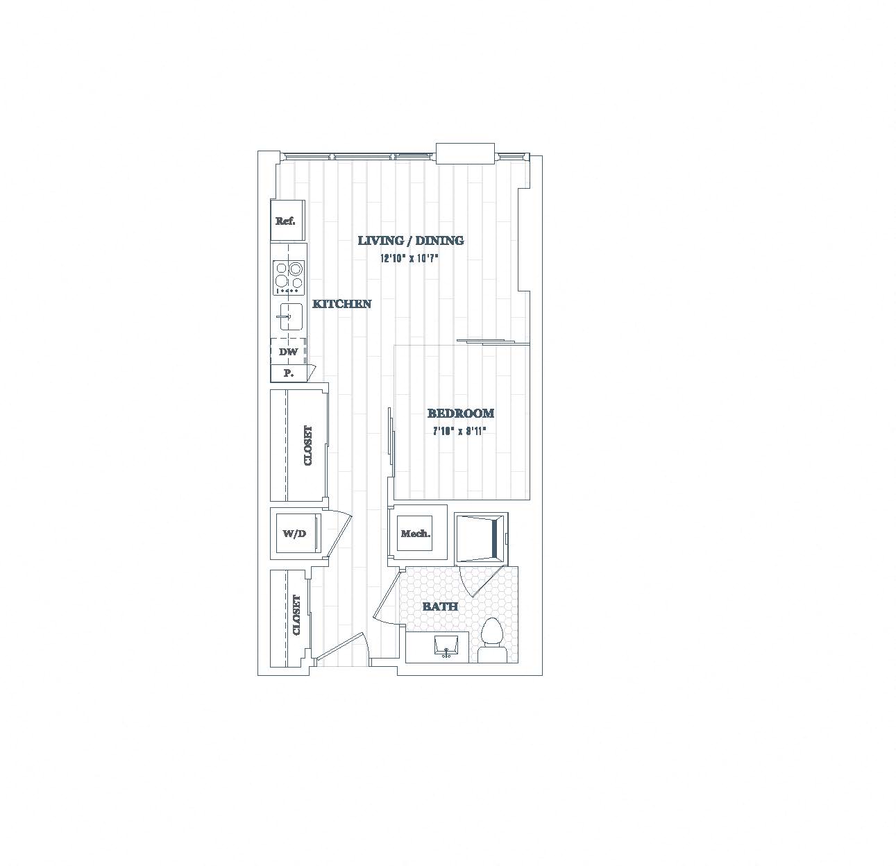 Floor plan for 1 bed, 1 bath, 469 sqft
