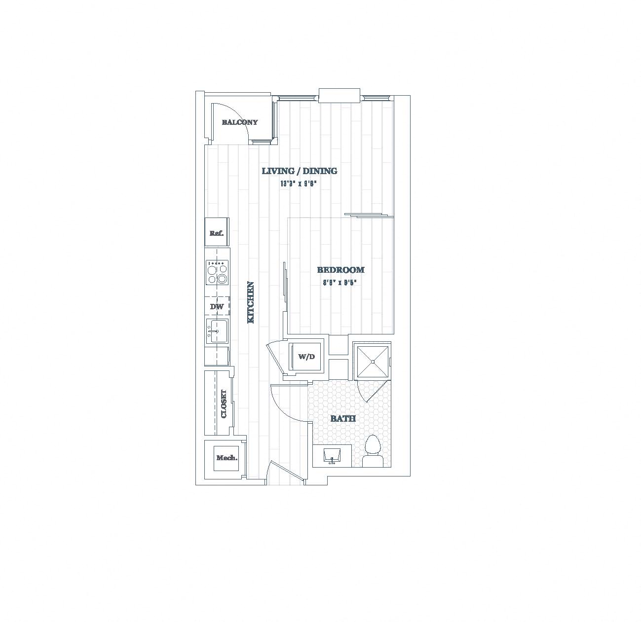 Floor plan for 1 bed, 1 bath, 492 sqft