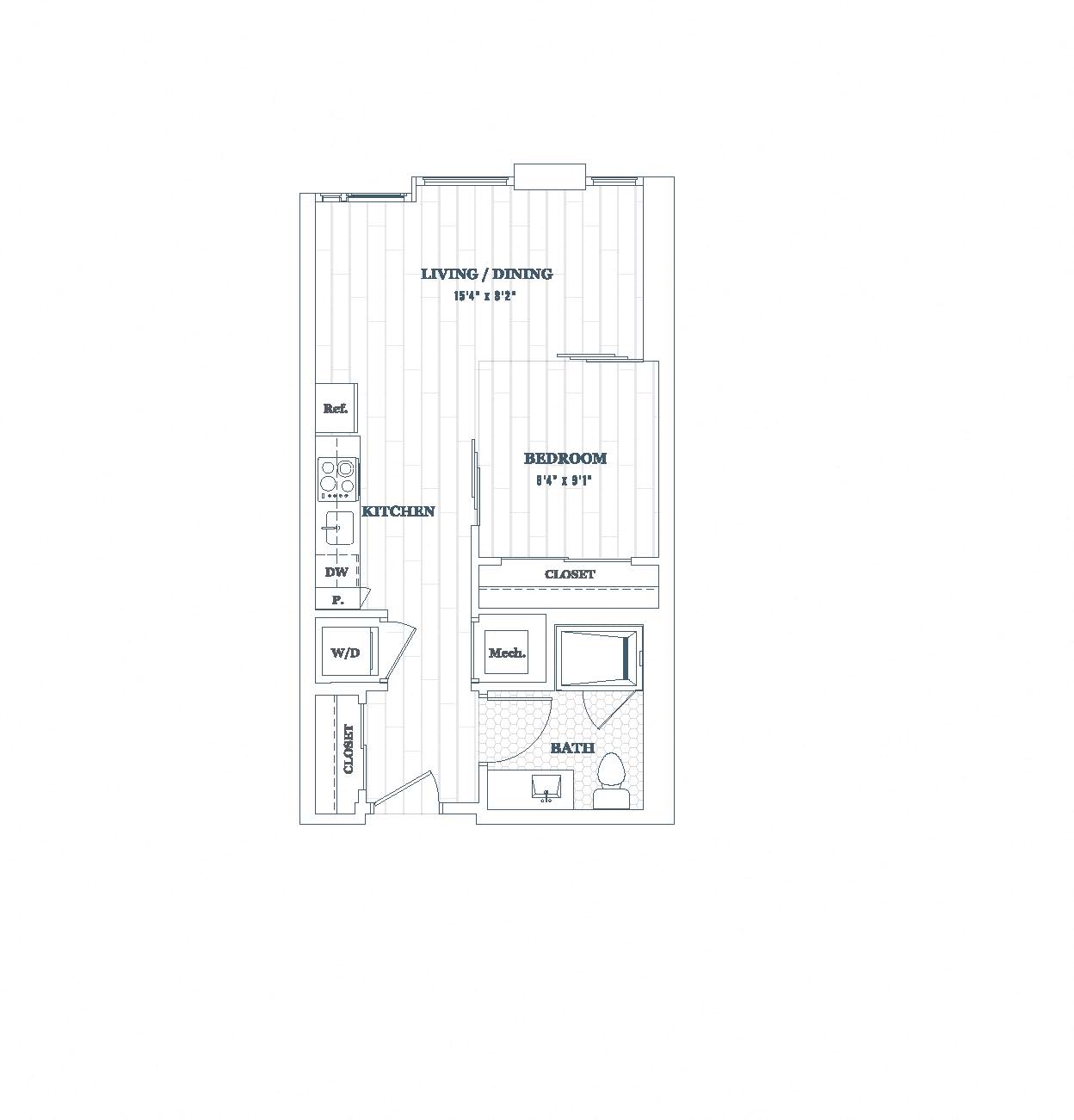 Floor plan for 1 bed, 1 bath, 495 sqft