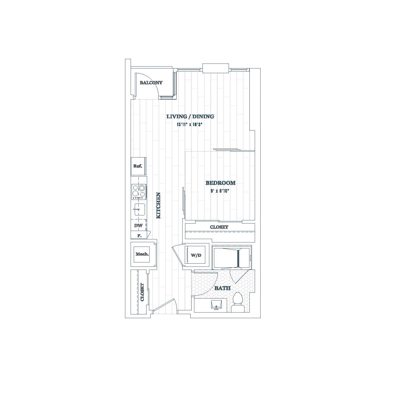 Floor plan for 1 bed, 1 bath, 511 sqft