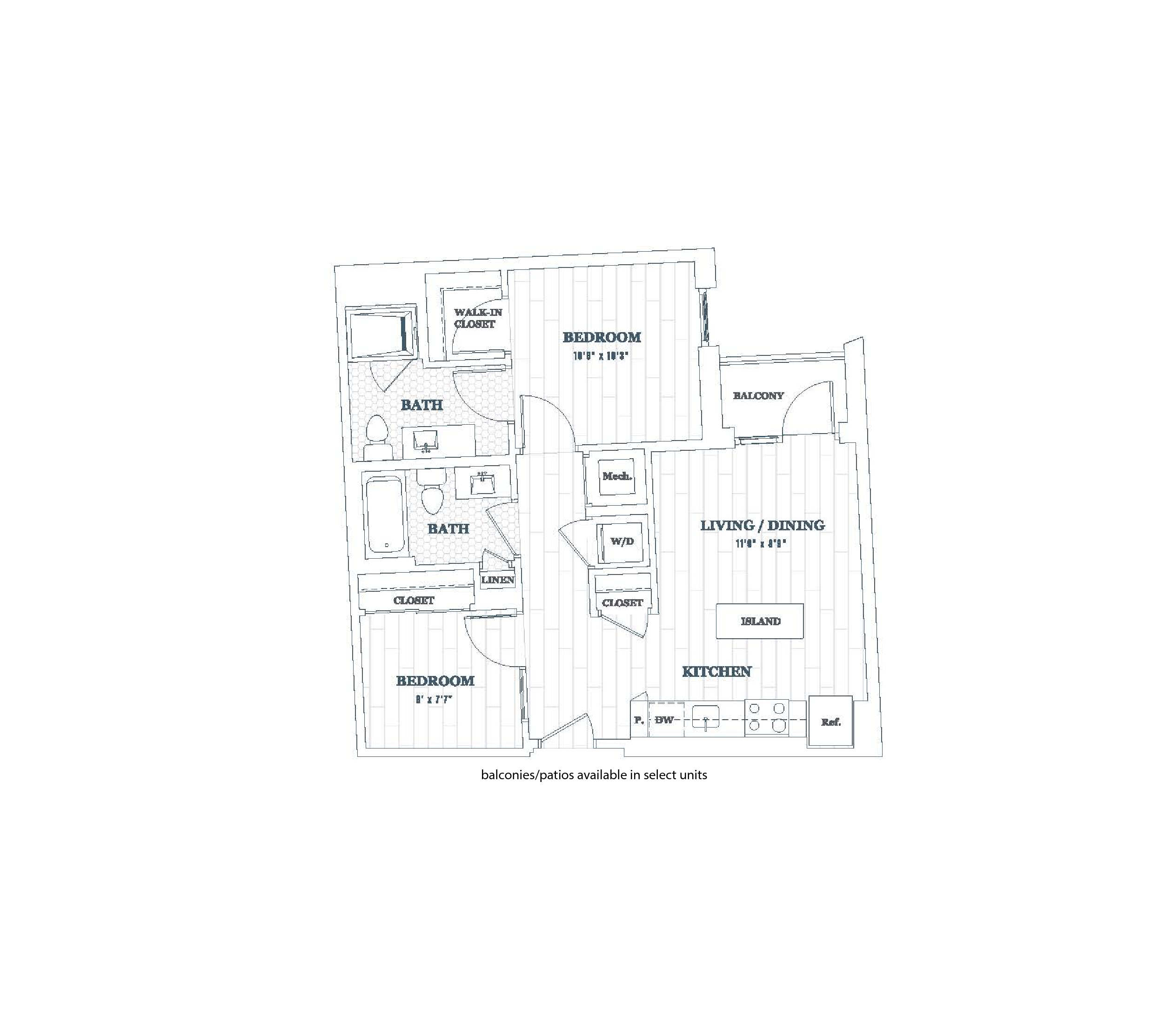Floor plan for 2 beds, 2 baths, 732 sqft