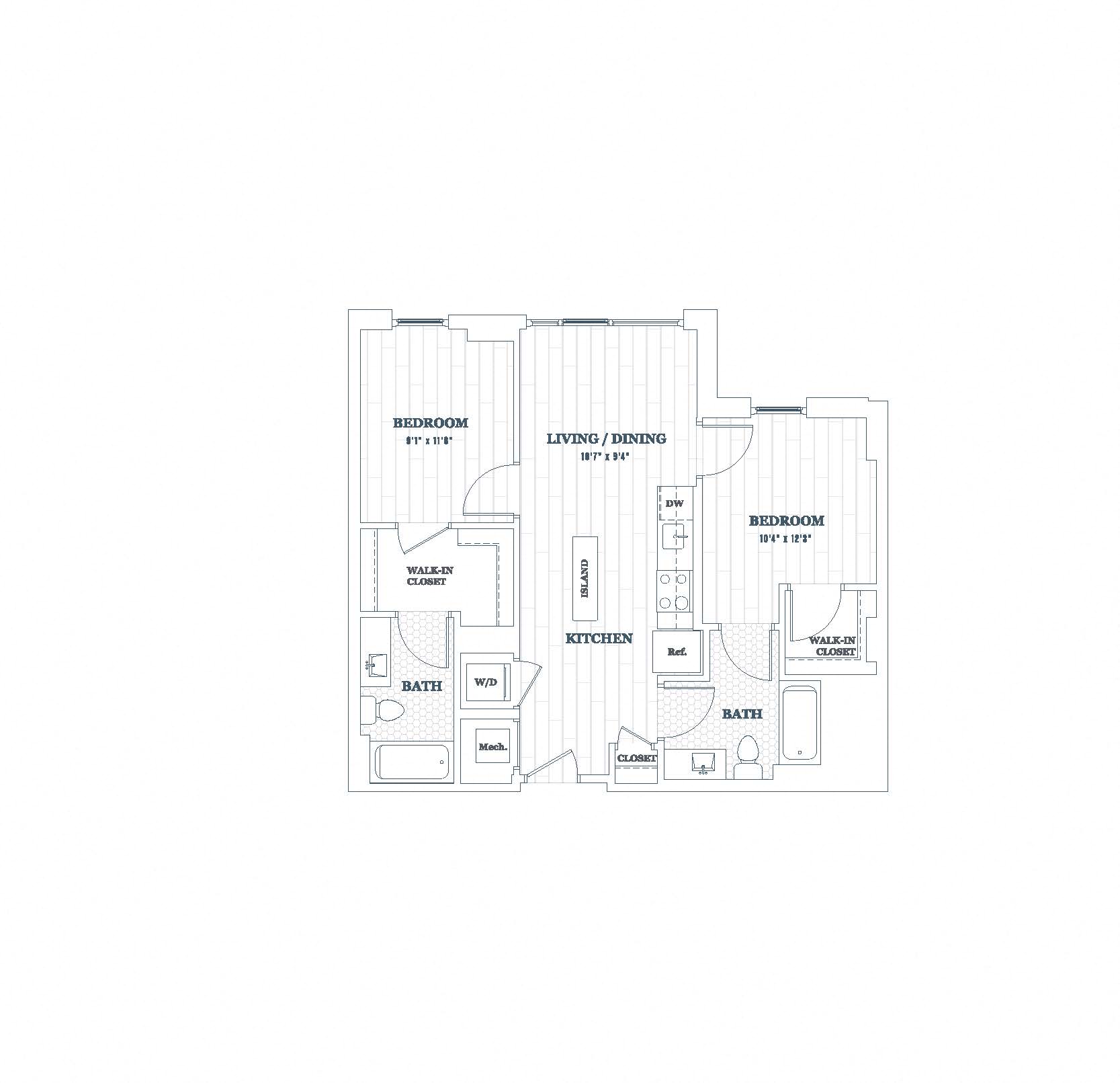 Floor plan for 2 beds, 2 baths, 802 sqft