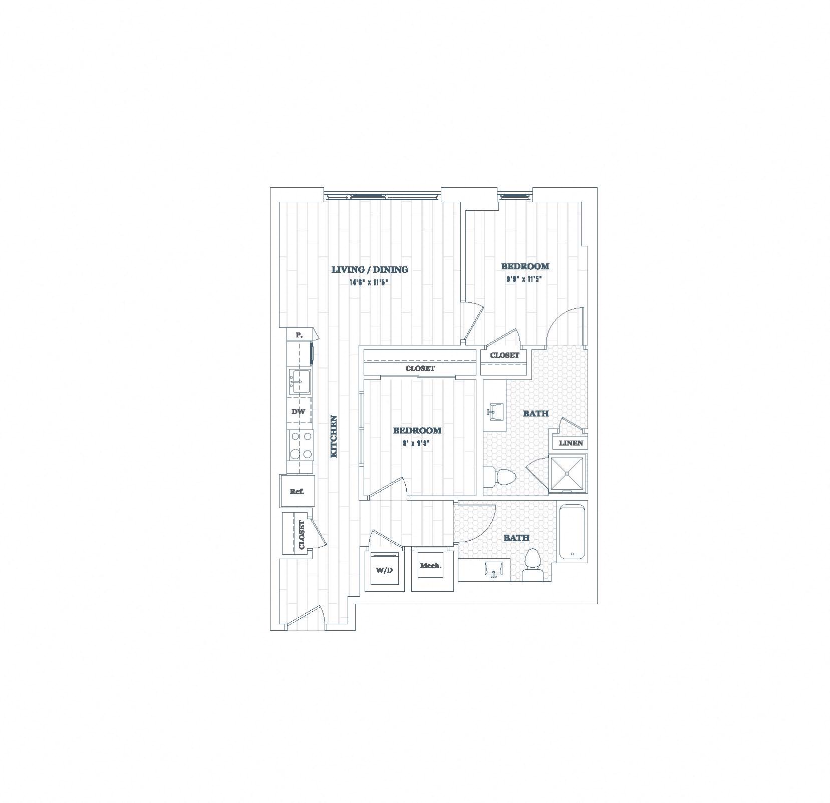 Floor plan for 2 beds, 2 baths, 842 sqft