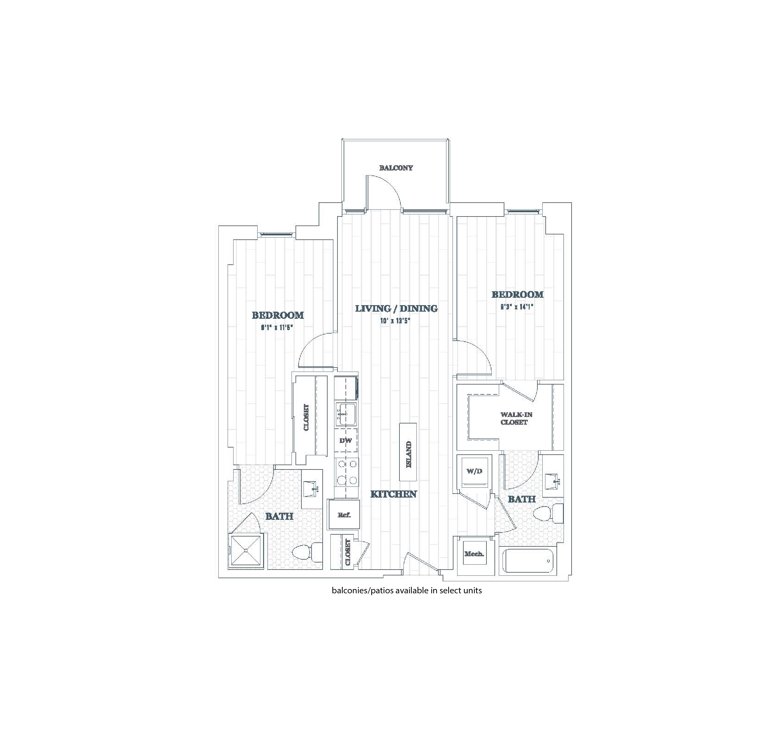 Floor plan for 2 beds, 2 baths, 938 sqft