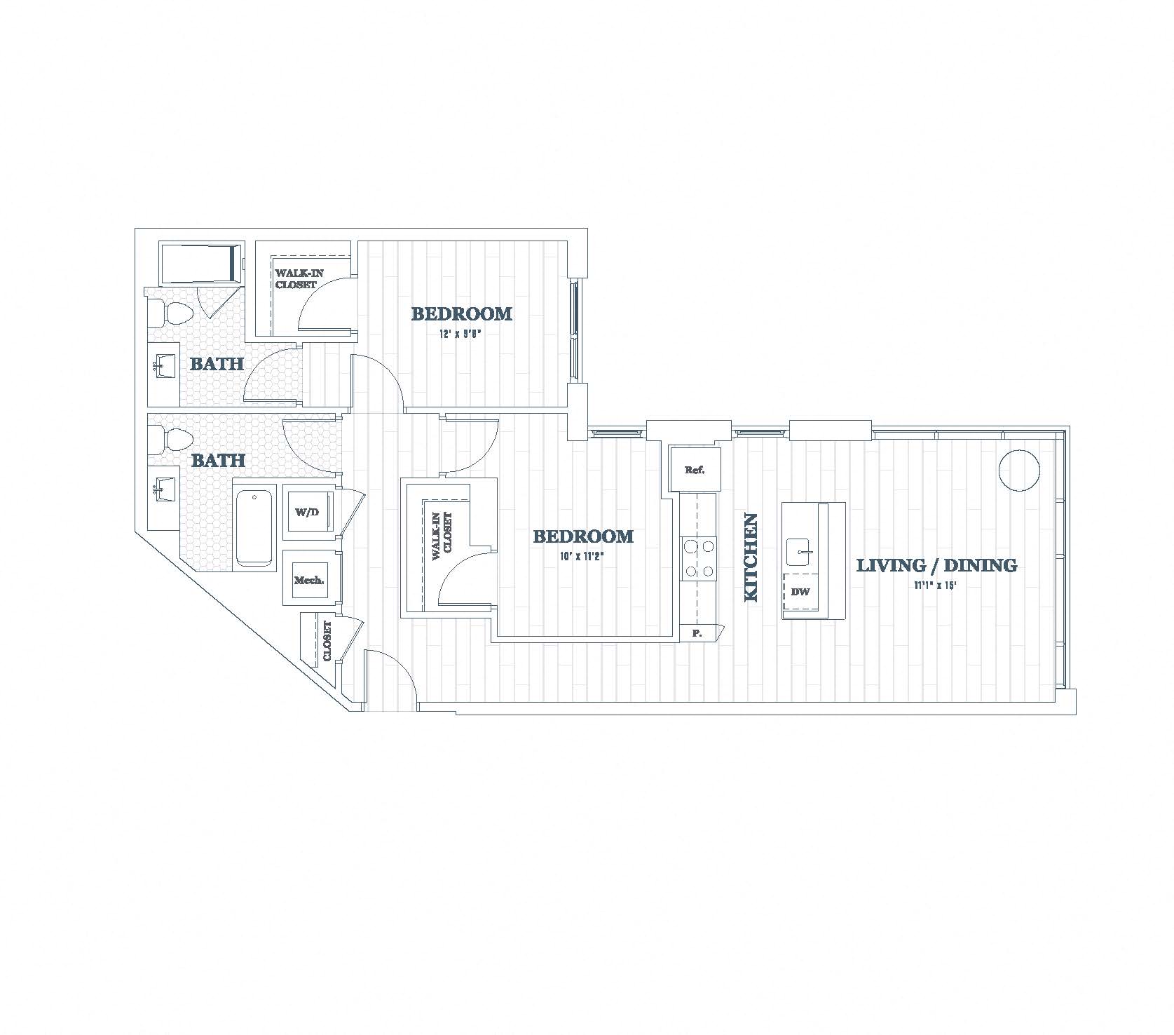Floor plan for 2 beds, 2 baths, 1065 sqft