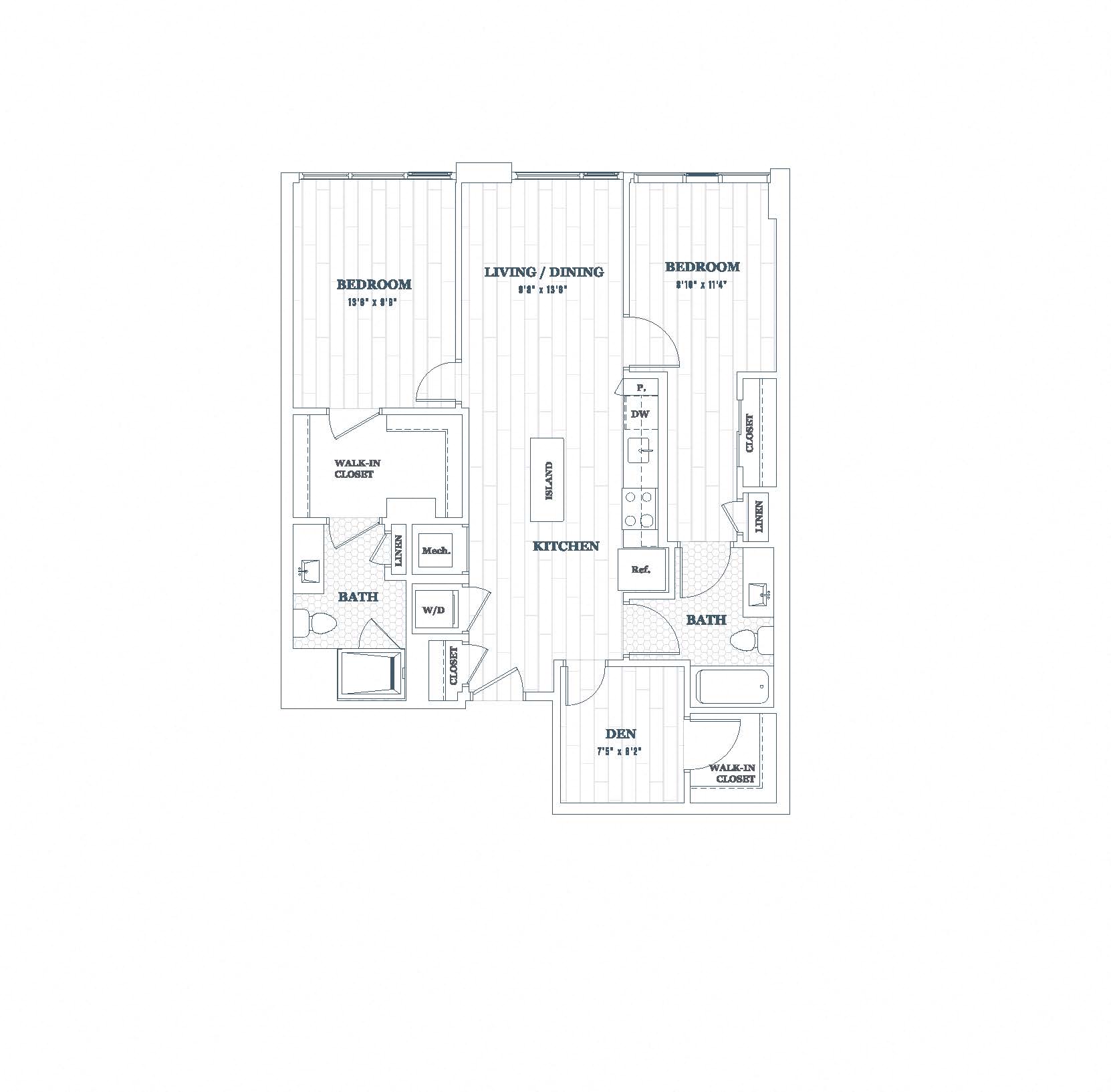 Floor plan for 2 beds, 2 baths, 1047 sqft