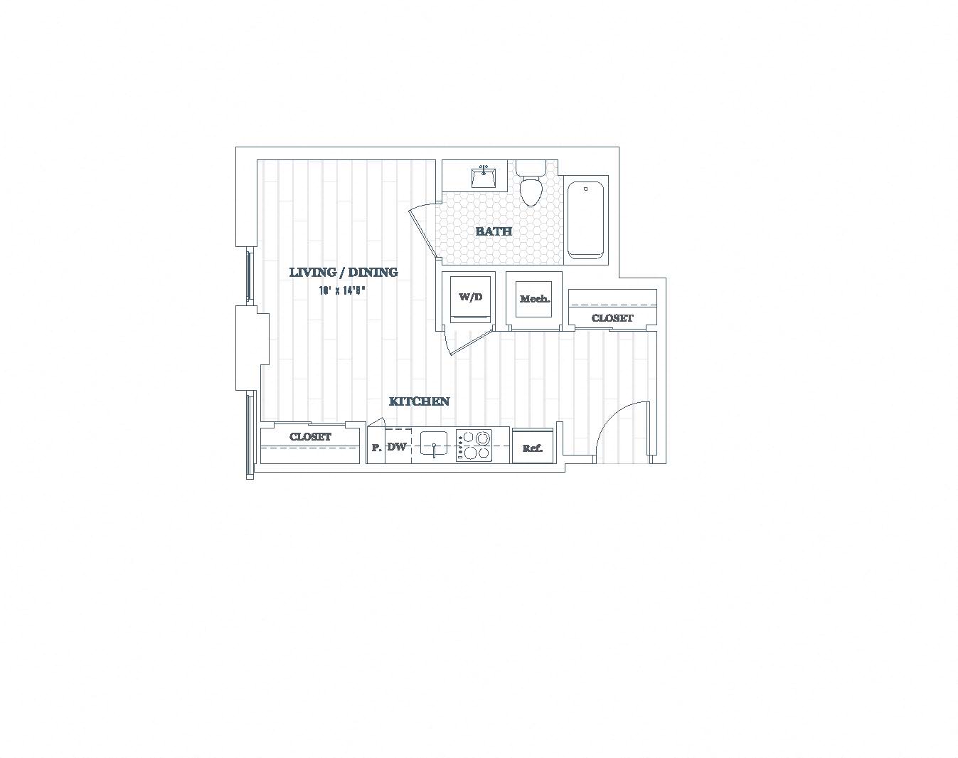 Floor plan for studio, 1 bath, 396 sqft