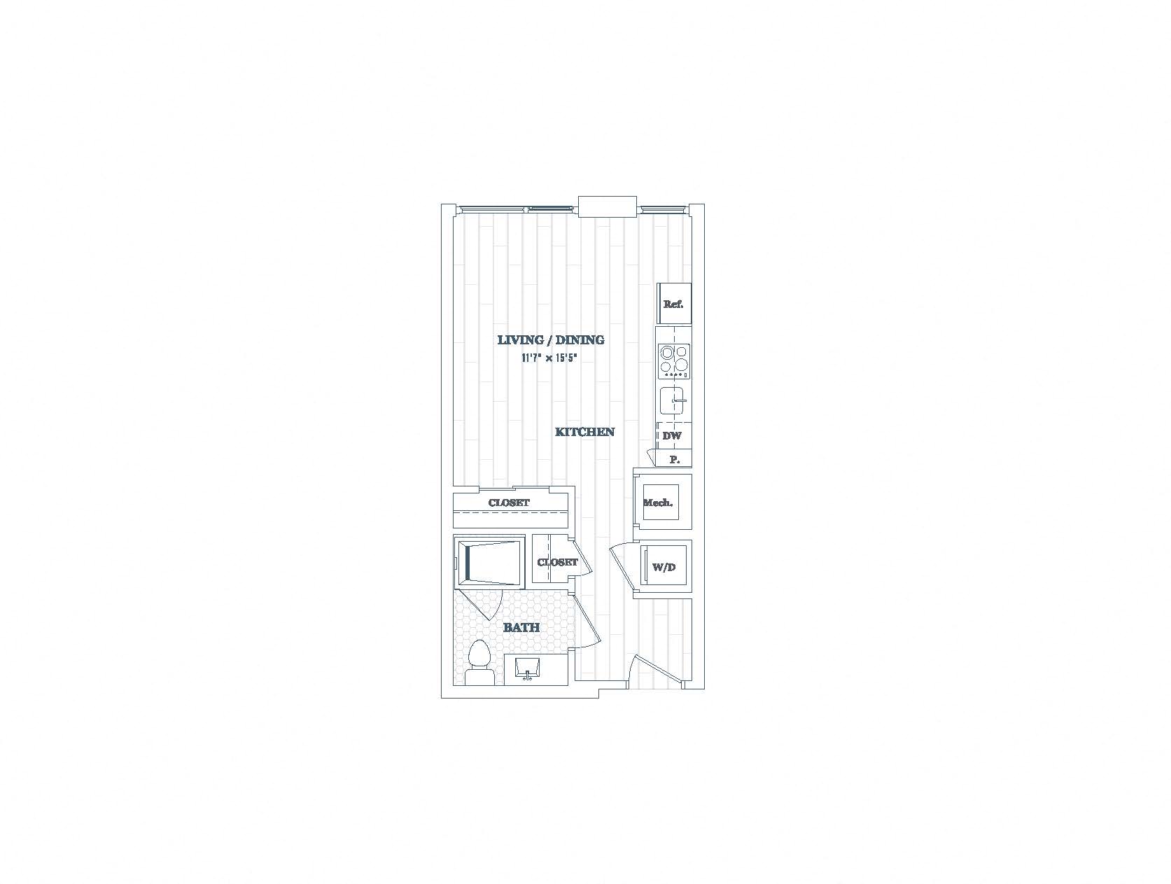 Floor plan for studio, 1 bath, 400 sqft