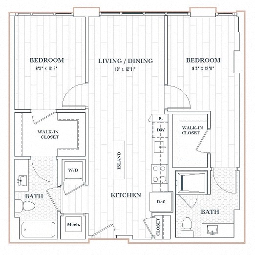 Floor plan for 2 beds, 2 baths, 900 sqft