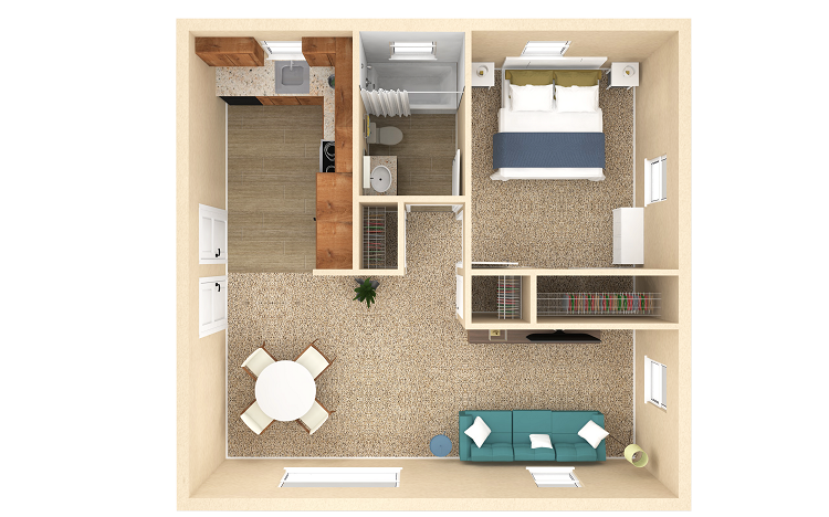 Floor plan for 1 bed, 1 bath, 670 sqft