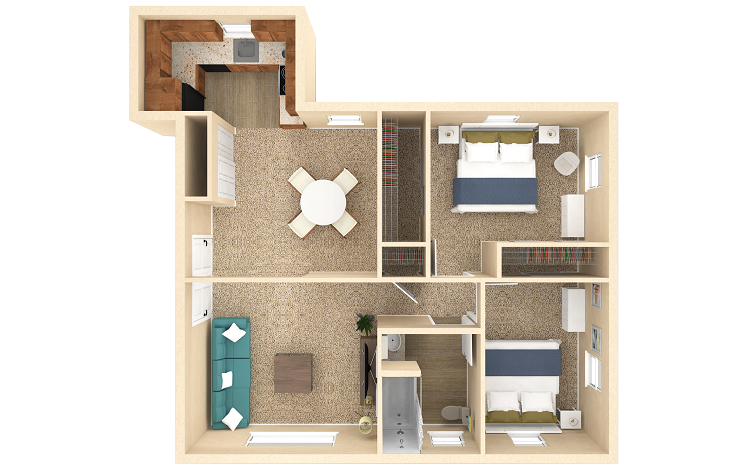 Floor plan for 2 beds, 1 bath, 850 sqft