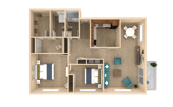 Floor plan for 2 beds, 2 baths, 1354 sqft
