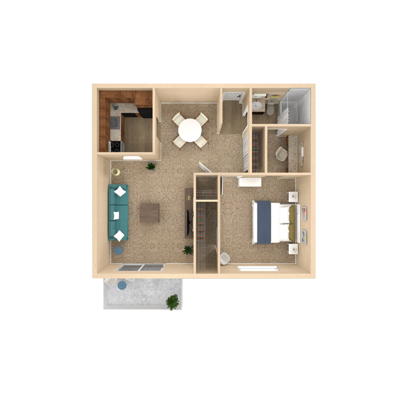Floor plan for 1 bed, 1 bath, 832 sqft