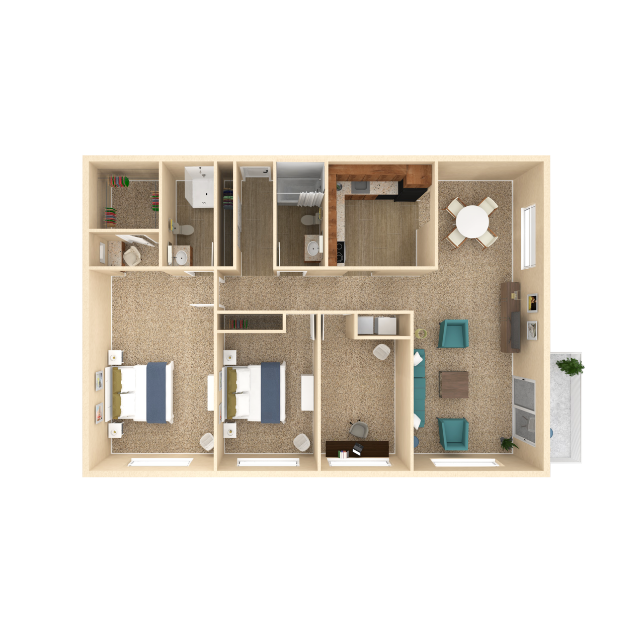 Floor plan for 2 beds, 2 baths, 1372 sqft