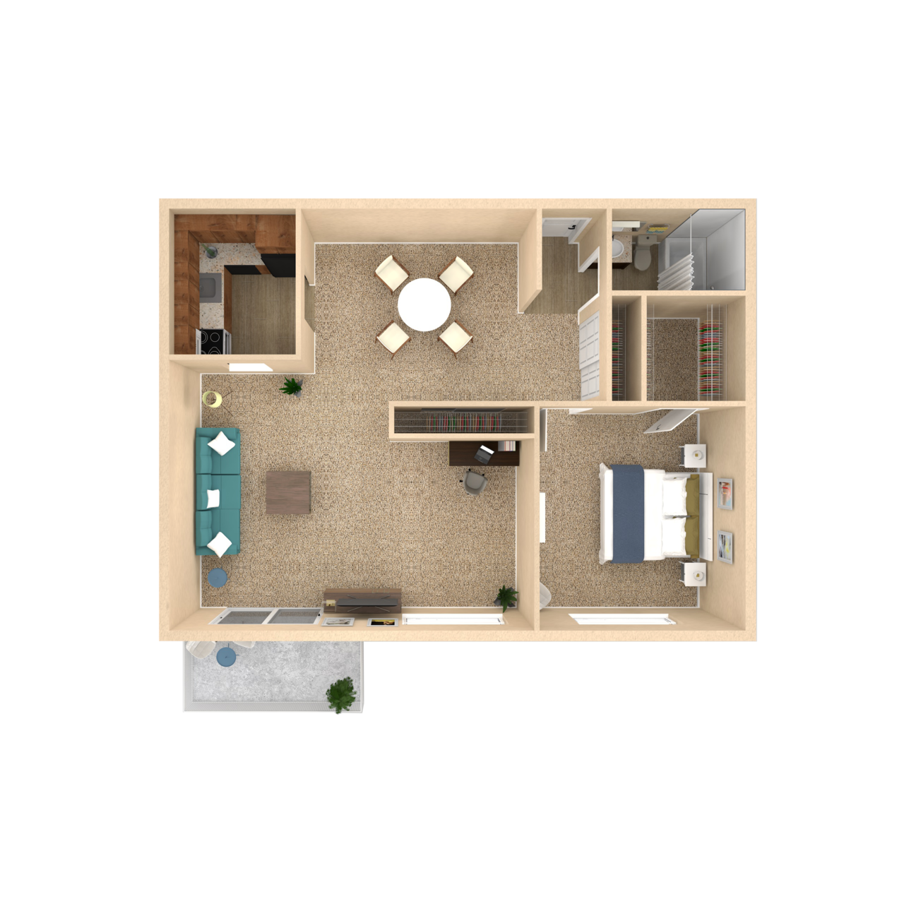 Floor plan for 1 bed, 1 bath, 884 sqft