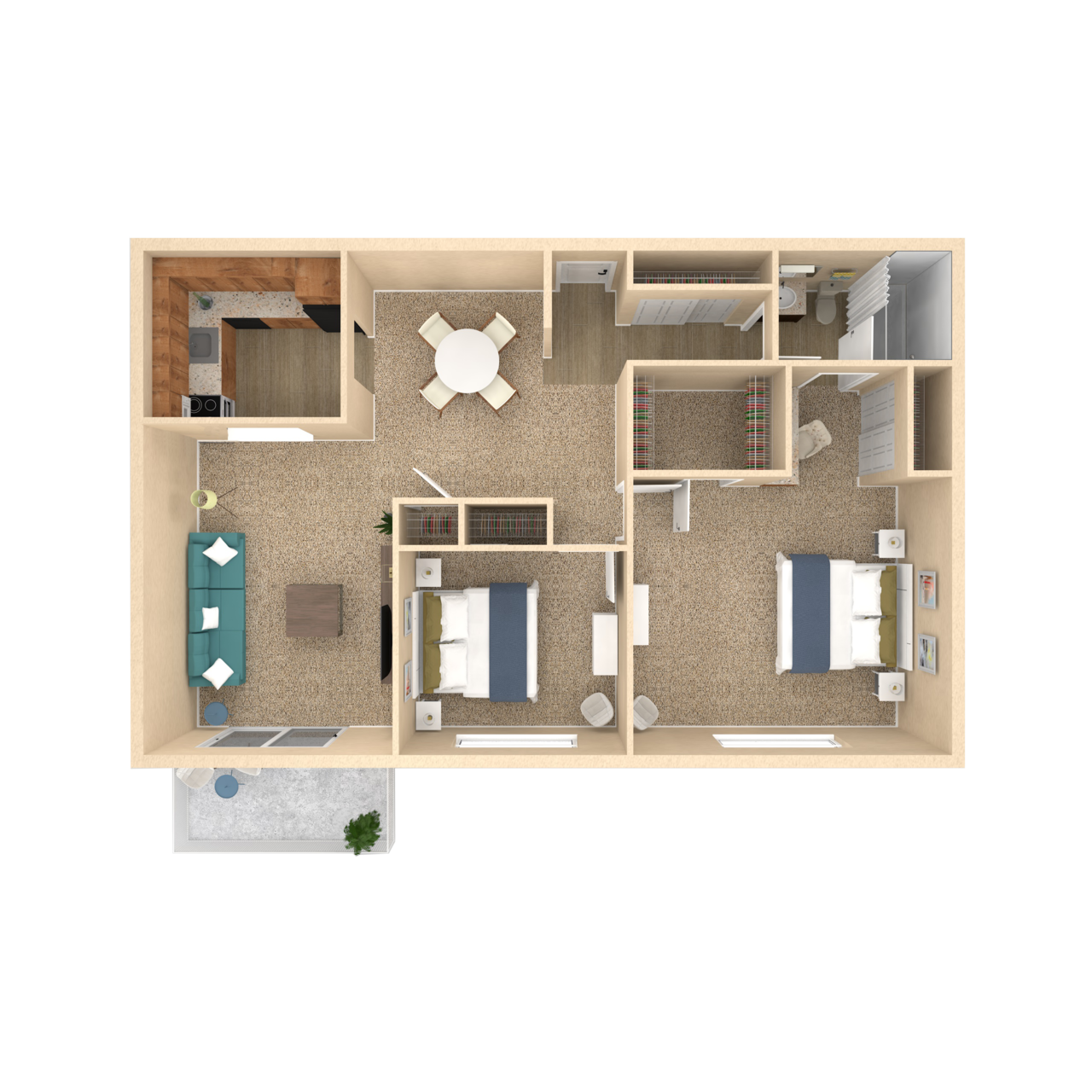 Floor plan for 2 beds, 1 bath, 1040 sqft